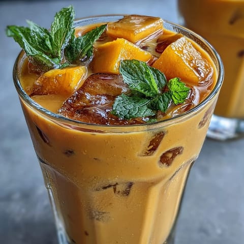 A tall glass of mango peach iced tea with fresh mint leaves, garnished with peach and mango slices.