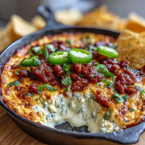 Festive Cinco de Mayo Loaded Queso Dip with chorizo, pico de gallo, and jalapeños in a cast iron skillet.