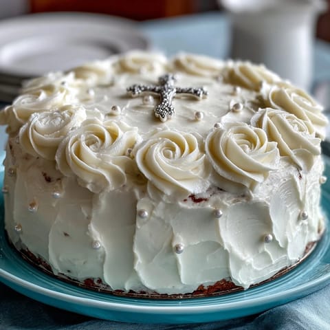 Elegant First Communion cake with vanilla sponge, white fondant roses, and a cross topper, perfect for religious celebrations.