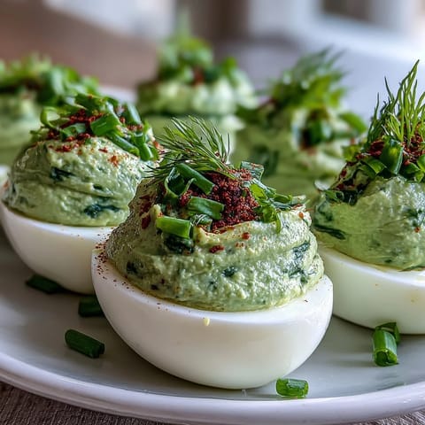 Fresh green avocado deviled eggs with creamy filling, garnished with herbs and paprika for a vibrant spring appetizer.  