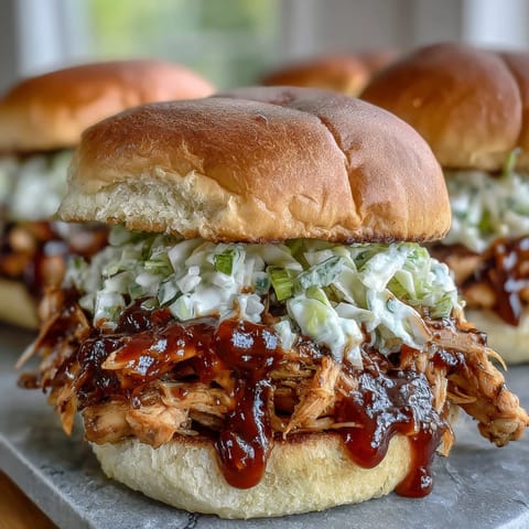 Pulled BBQ Chicken Sandwiches on soft brioche buns, topped with creamy coleslaw and tangy barbecue sauce.