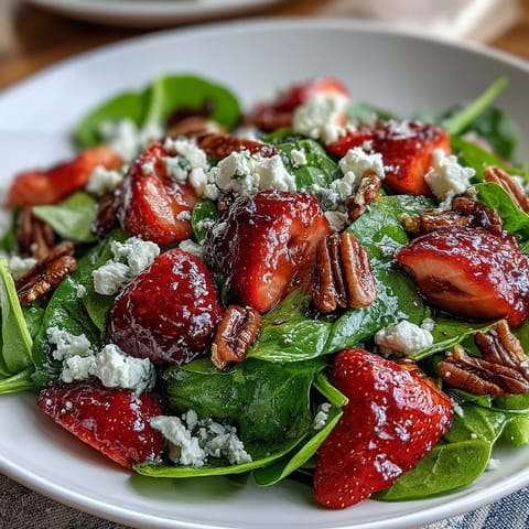 Vibrant Spring Strawberry Spinach Salad with goat cheese, candied pecans, and balsamic dressing on a white plate.  
