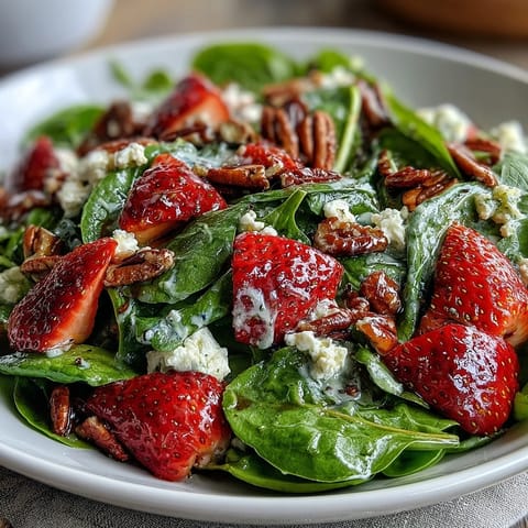 Fresh Spring Strawberry Spinach Salad with juicy strawberries, creamy goat cheese, and crunchy pecans, drizzled with tangy balsamic vinaigrette.  