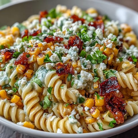 A vibrant bowl of Elote Corn Pasta with Cotija, featuring sweet charred corn, colorful bell peppers, and zesty lime dressing.