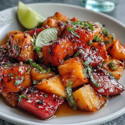 Vibrant mango and pineapple cups with lime, chili, and a sprinkle of Tajín for a refreshing tropical snack.