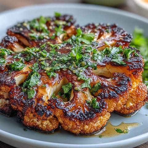 Grilled BBQ cauliflower steaks with smoky char and vibrant chimichurri sauce, served as a hearty vegan main dish.