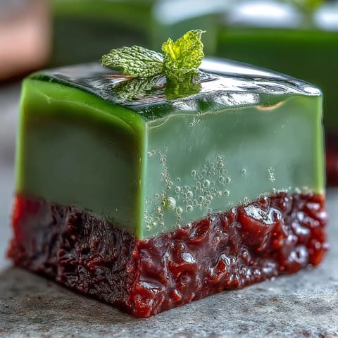 Elegant Japanese yokan featuring a vibrant matcha layer atop a sweet, silky red bean jelly base.