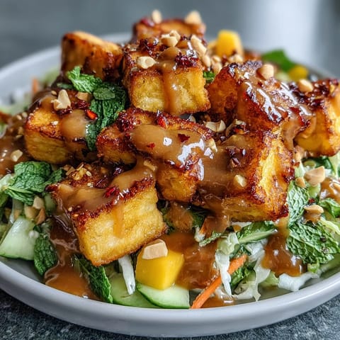 Golden fried tofu cubes rest atop a vibrant mix of mango, cabbage, and bell peppers, finished with chopped peanuts.  
