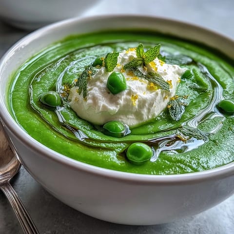 A vibrant bowl of Spring Pea Soup with whipped ricotta and mint oil, garnished with fresh peas and mint leaves.  