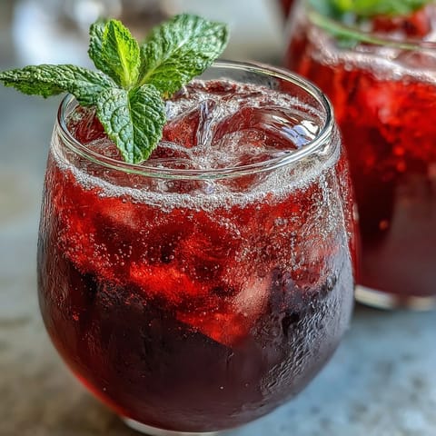 A tall glass filled with sparkling hibiscus mint lemonade, garnished with fresh mint sprigs and lemon slices, perfect for a refreshing summer drink.  