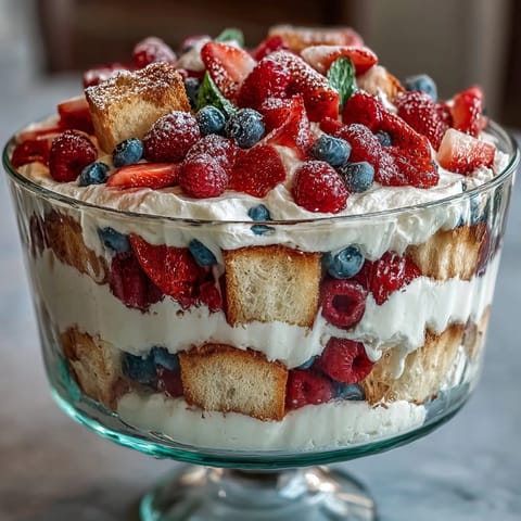 Easy Red White Blue Berry Trifle, showcasing vibrant berries atop fluffy whipped cream goodness.