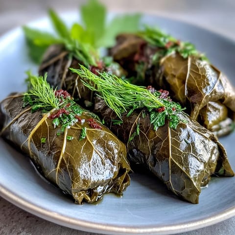 Tender Kurdish Dolma: plump, herb-filled grape leaves perfectly steamed and served.