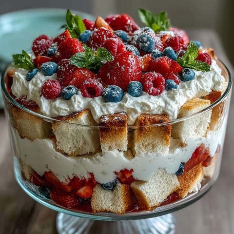 Red White Blue Berry Trifle: festive layers of angel food cake, cream, and berries.