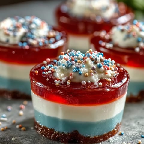 Festive 4th of July Firecracker Jello Shots, layered red, white, and blue for patriotic parties.