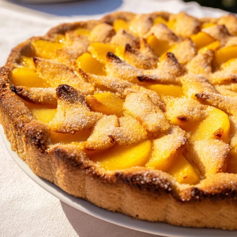 Delicious, free-form Peach and Almond Tart featuring a buttery crust and gorgeous, ripe peaches.