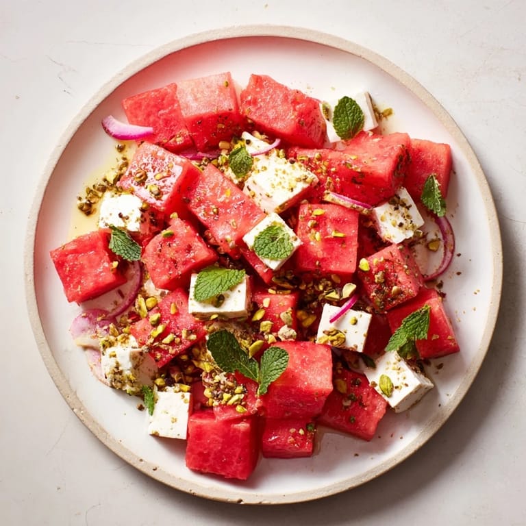 A close-up of a Fresh Watermelon and Feta Salad with Balsamic Glaze: sweet and savory perfection.