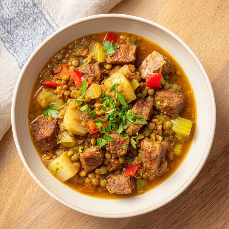 Thick, hearty One-Pot Spicy Beef and Lentil Soup, garnished with fresh cilantro; ready to serve.