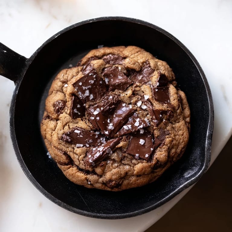 Gooey, delicious warm chocolate chunk skillet cookie, perfect for sharing, hot from the oven.