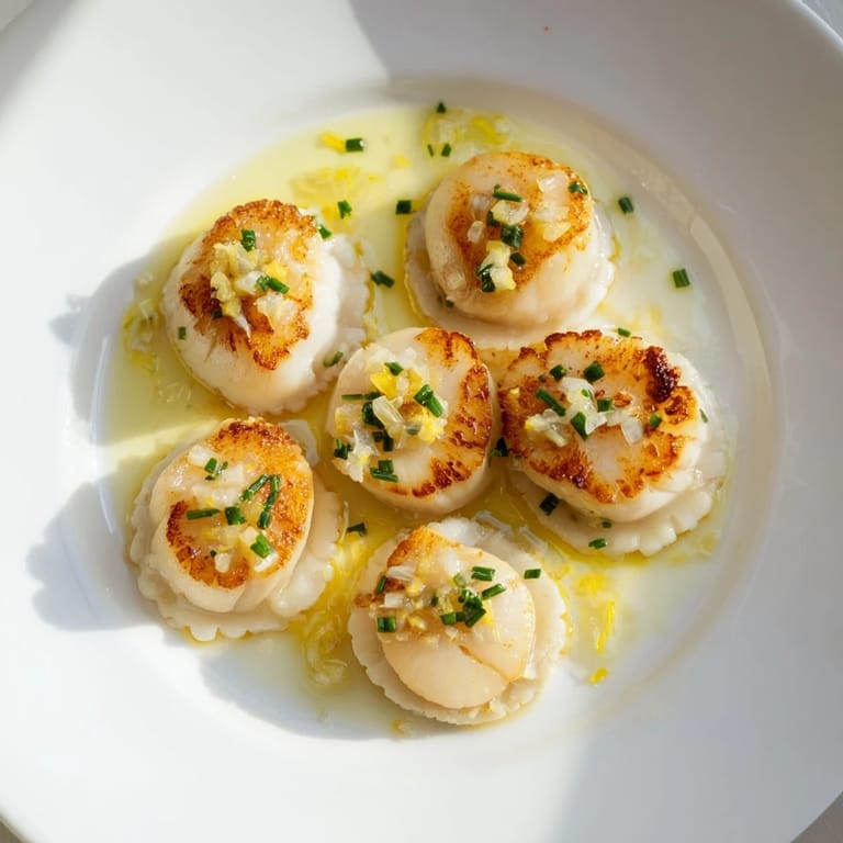 Perfectly cooked pan-seared scallops, a beautiful main course, served with lemon wedges and sauce.