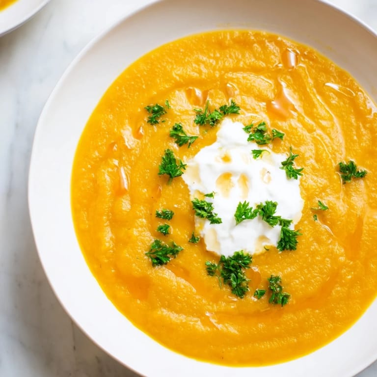 A vibrant photo of Sweet Maple Carrot Soup, ready to be served hot, perfect for a cozy supper.
