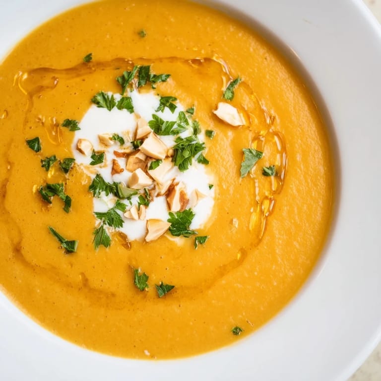 Beautiful, swirling texture of homemade Sweet Maple Carrot Soup, blended until smooth and velvety.