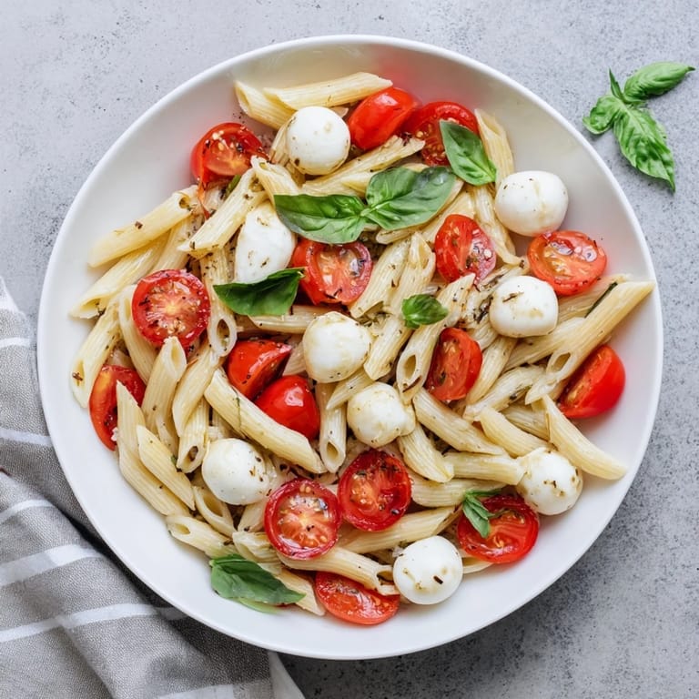 Brightly colored Caprese Pasta Salad, perfect for a summer lunch, bursting with fresh flavors.
