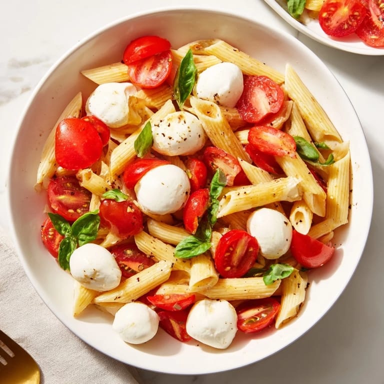 A close-up shot of Caprese Pasta Salad: Enjoy pasta, mozzarella, tomatoes, and basil.
