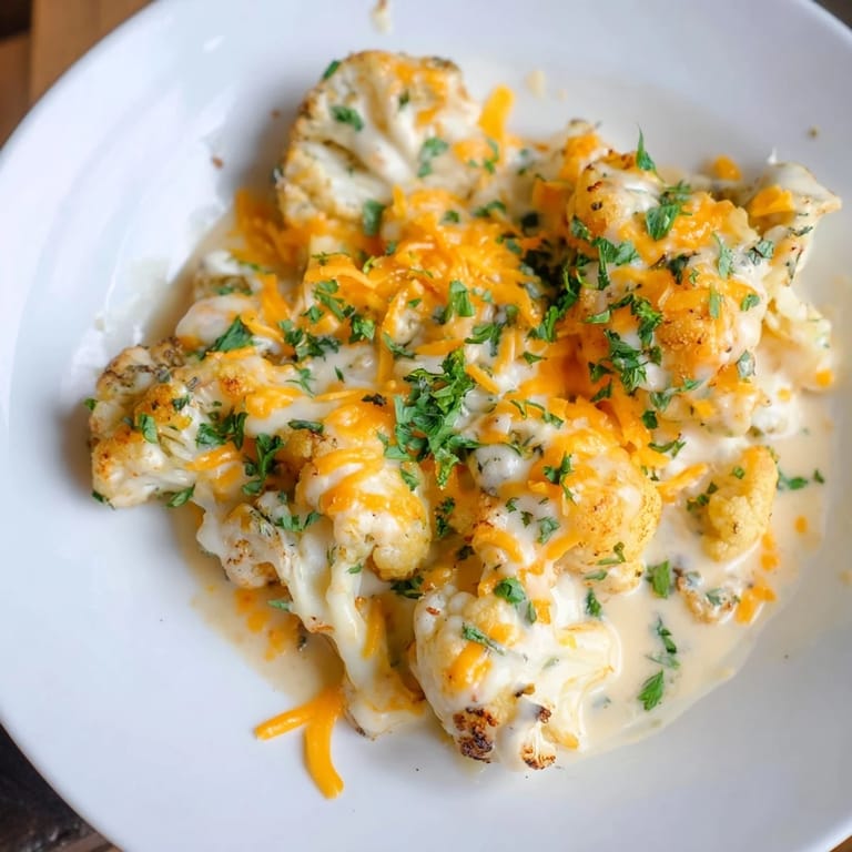 Creamy Cheesy Cauliflower Mac topped with melted cheese, promising a comforting, cheesy bite.