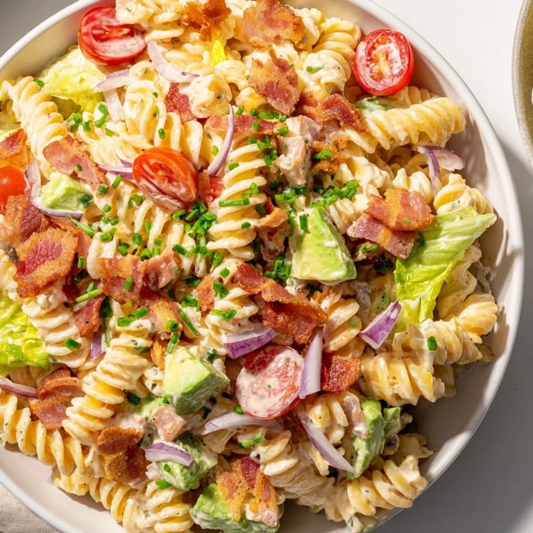 This BLT Pasta Salad showcases vibrant red tomatoes alongside crunchy bacon in a cool bowl.