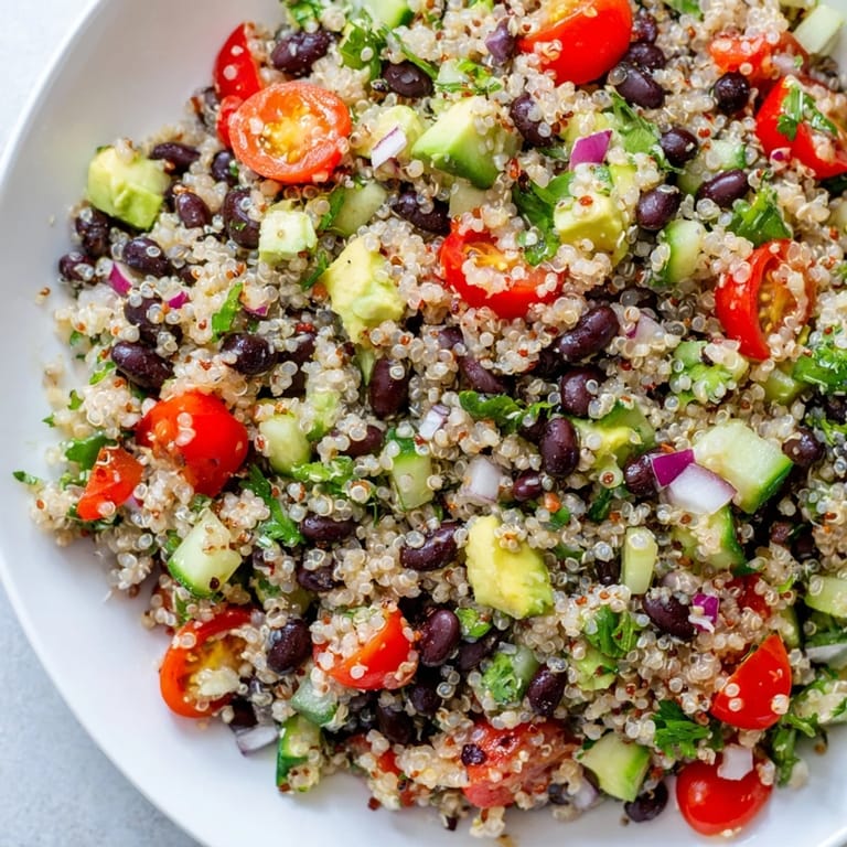 Enjoy a healthy bowl of Quinoa Black Bean Salad, with cilantro and a cumin-spiced dressing.