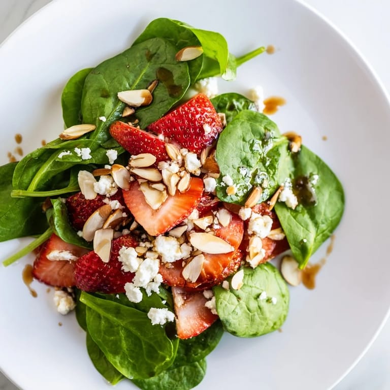 A beautiful bowl of Strawberry Spinach Salad, showcasing bright red strawberries and toasted nuts.
