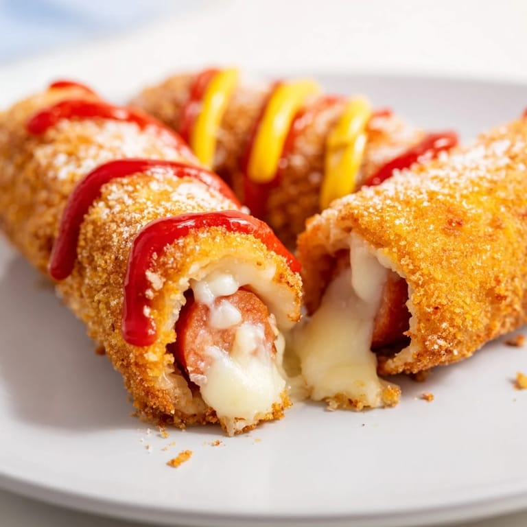 Imagine a close-up of the delightfully stretchy cheese pull in these homemade Cheesy Korean Corn Dogs.