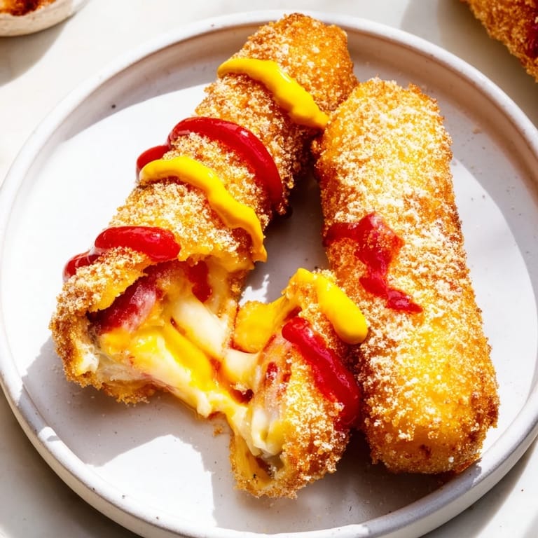 Sweet-savory Cheesy Korean Corn Dogs, freshly fried to a golden crisp, are sprinkled with sugar.
