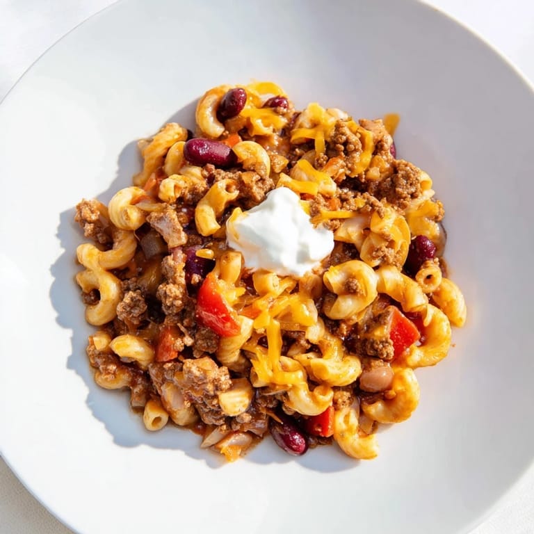 Rich and savory One-Pot Chili Mac with kidney beans, ready for a comforting family meal.
