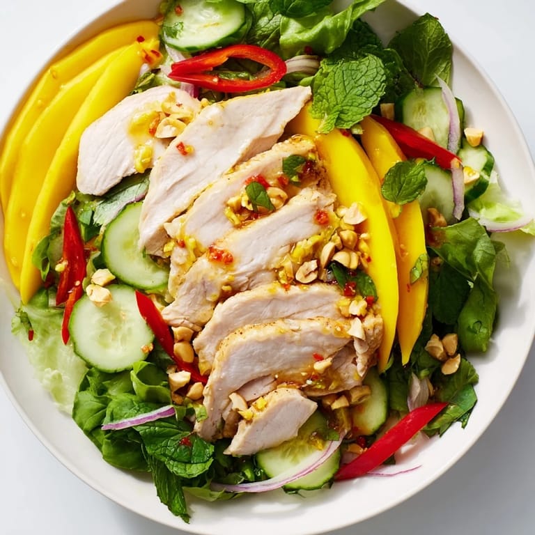 Enjoy a bowl of flavorful Thai Mango Chicken Salad, dressed and ready with fresh herbs and peanuts.
