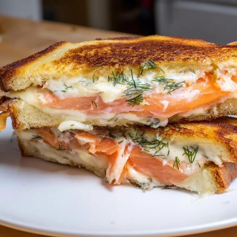 Close-up of a warm, melty Smoked Salmon Grilled Cheese, showcasing the flaky salmon and delicious flavors.