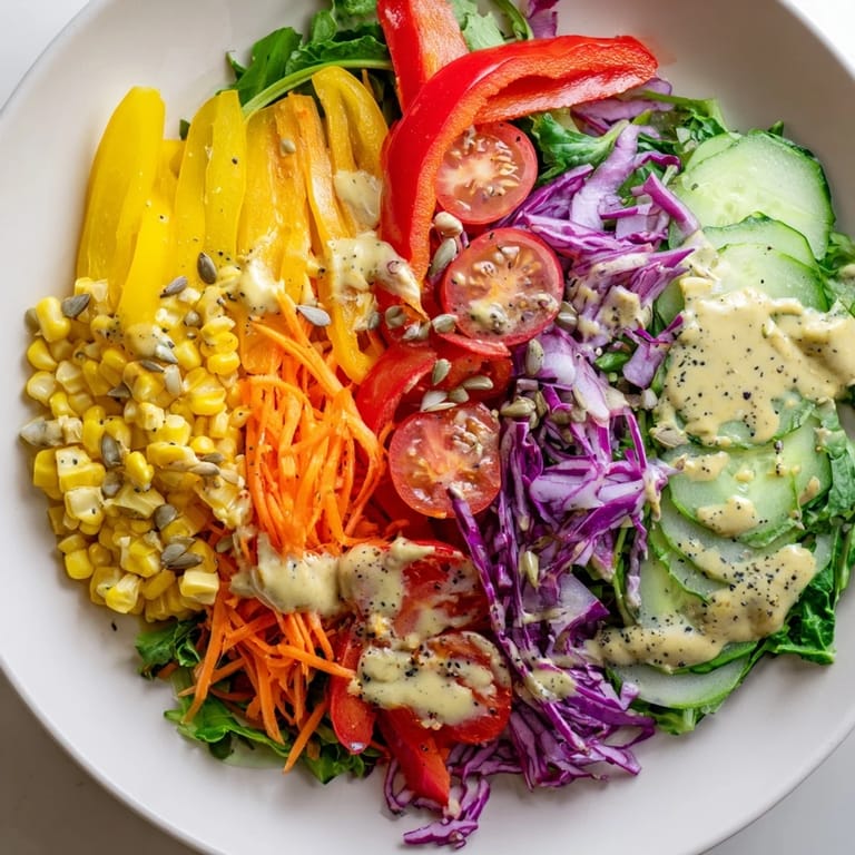 A beautiful Rainbow Salad, a vibrant mix of chopped vegetables, promising a burst of healthy flavors.