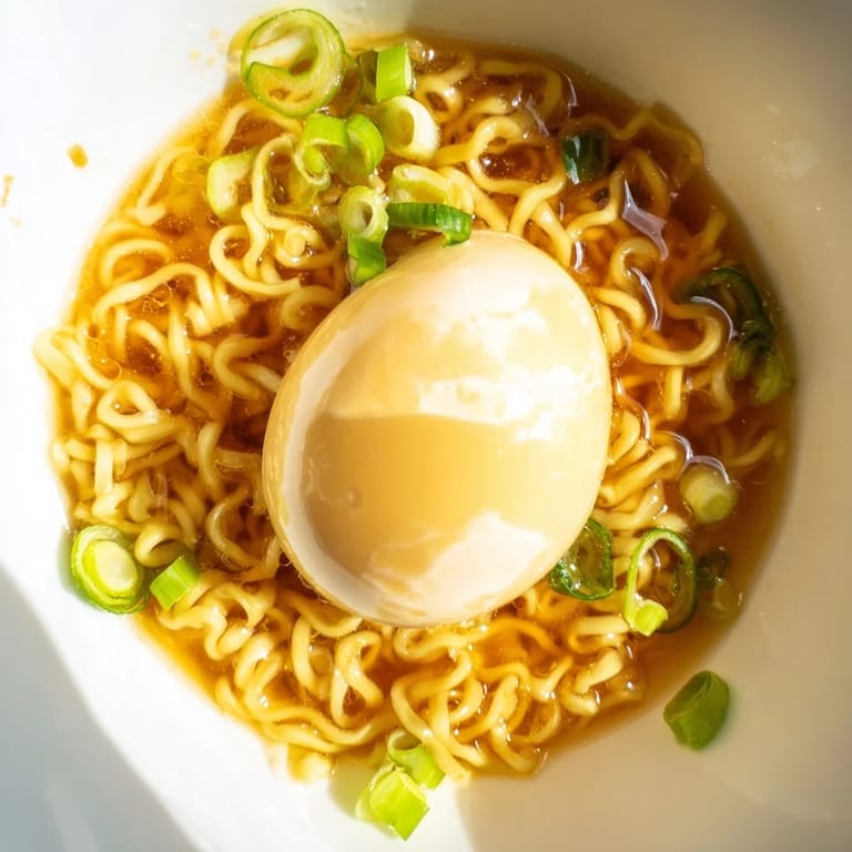 Close-up of a rich and delicious bowl of instant ramen, beautifully upgraded with egg and savory toppings.