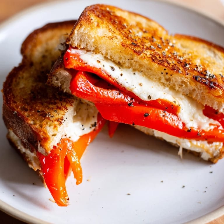 A close-up of a perfectly grilled Roasted Red Pepper Grilled Cheese, ready to be sliced and enjoyed.