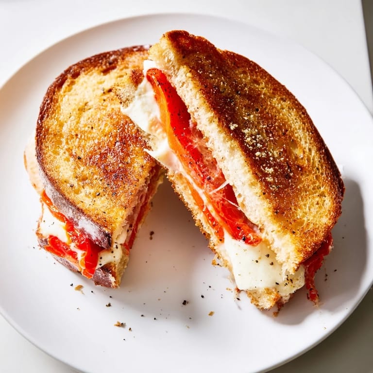 Warm, melted cheese and sweet peppers in this delicious Roasted Red Pepper Grilled Cheese sandwich for a comforting meal.
