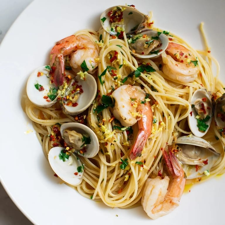 A steaming bowl of Seafood Pasta Aglio e Olio with spaghetti and a generous sprinkling of parsley.