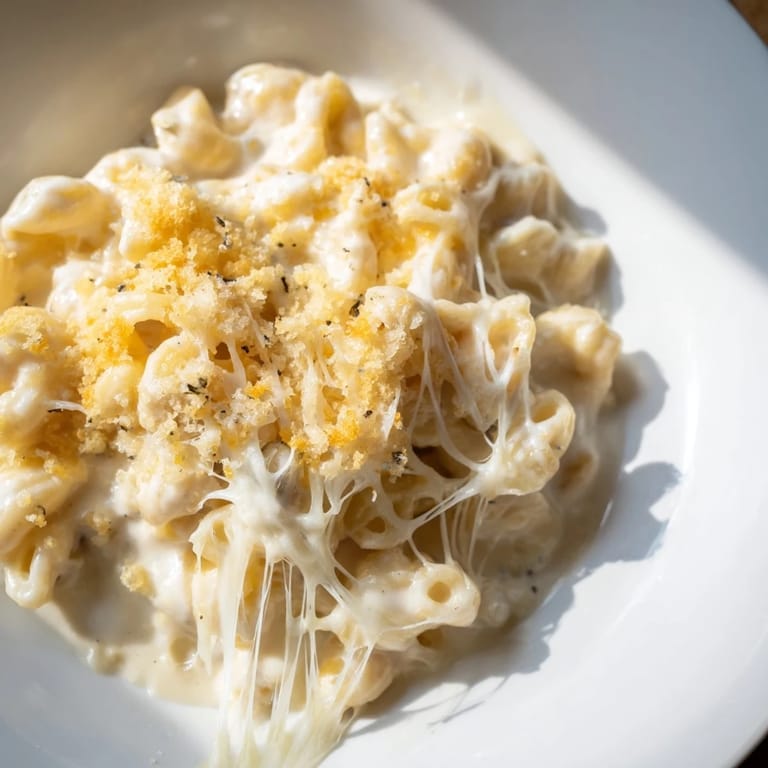 A steaming bowl of creamy mac and cheese, garnished with Parmesan, ready for a satisfying bite.