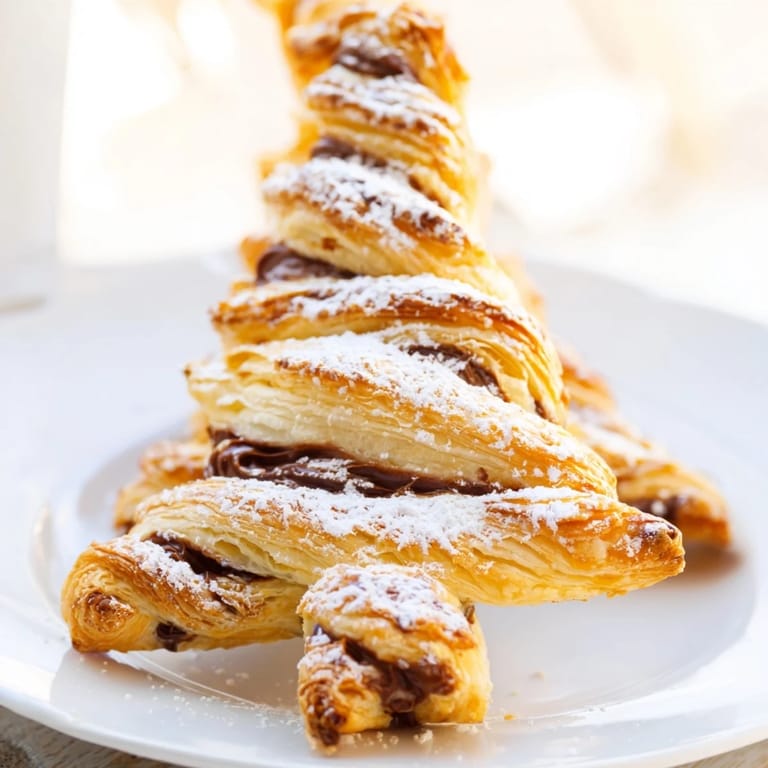 Flaky, golden Nutella Pastry Christmas Trees dusted with powdered sugar, ready to be enjoyed.
