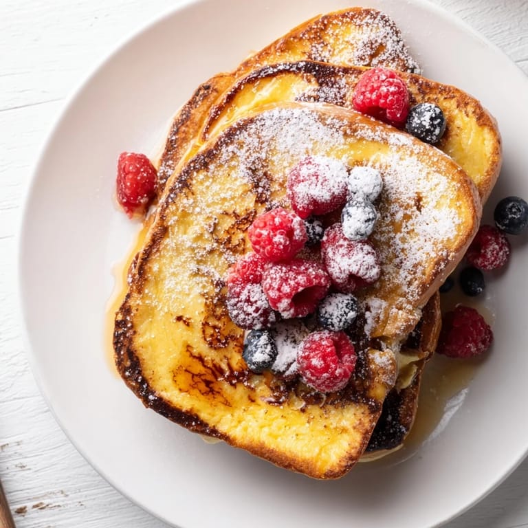 Thick slices of Ice Cream French Toast, still warm, are topped with fresh berries, ready to serve.