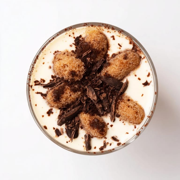 Enjoy an elegant view of Tiramisu Latte, showcasing layers of biscuit, cream, and cocoa in a glass.