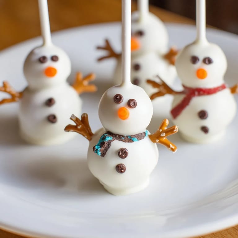 Homemade Oreo Snowman Cake Pops: adorable winter treats with pretzel arms and colorful scarves.