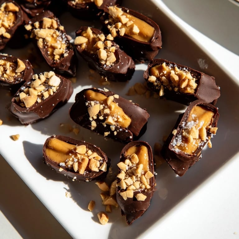 Homemade Date Bark Snickers-Style is ready to cut, featuring a rich, frozen chocolate coating.