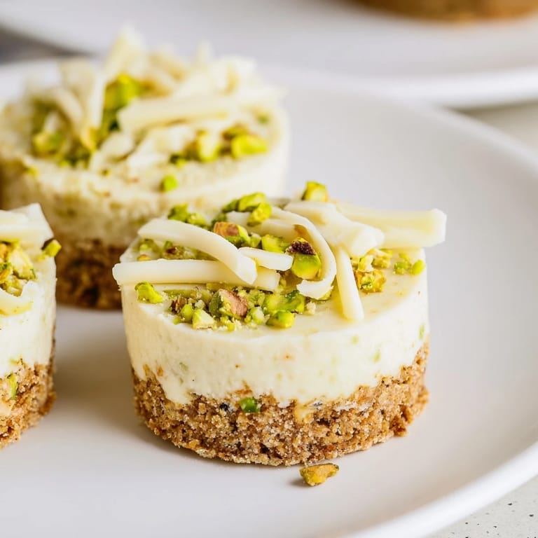 Close-up of golden Pistachio Cheesecake Bites, showing the smooth filling and sprinkled chopped pistachios.