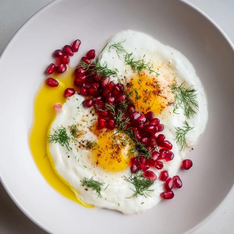 Creamy Greek yogurt base topped with Turkish Çılbır; a flavorful breakfast with fresh herbs and spices.