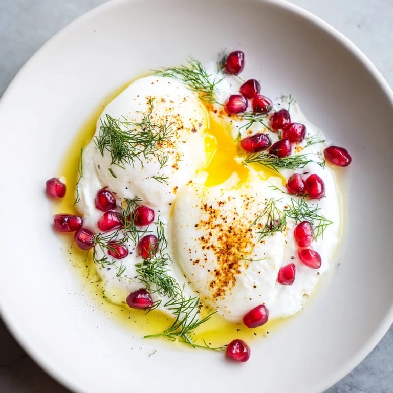 Picture-perfect Çılbır: Soft poached eggs sit on garlicky yogurt, finished with tangy sumac and pomegranate seeds.